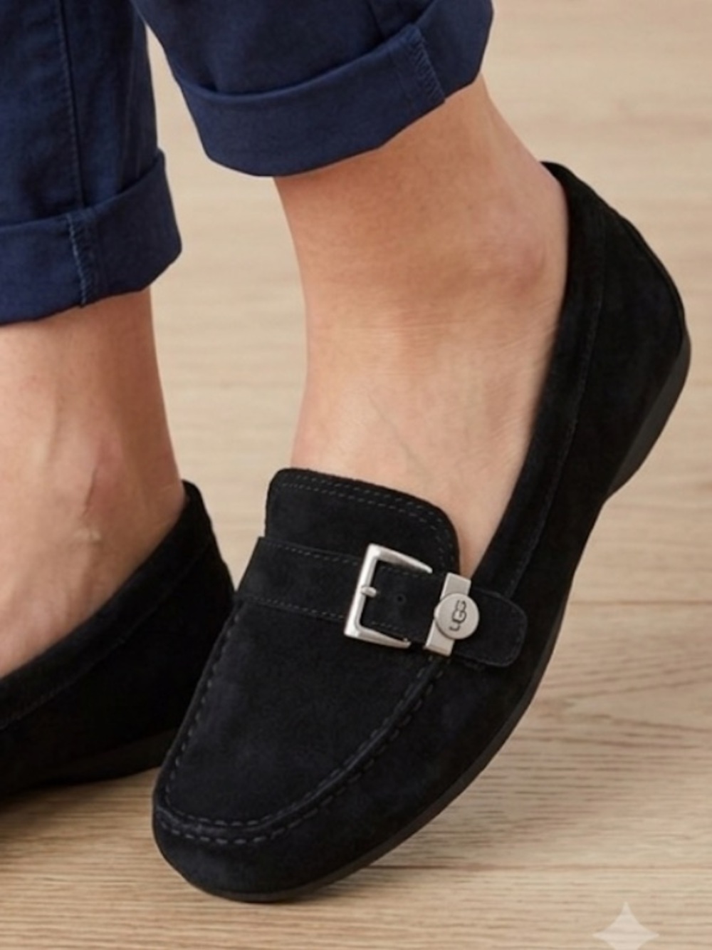 UGG Australia Crawford Black Suede Driving Loafers Silver Buckle Women's 9.5